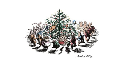 Ilustration of Beatrix Potter's characters dancing around a Christmas tree.